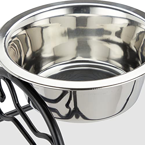 Relaxdays Hunde-Napfset mit Halterung, Napfständer Hunde & Welpen, 2 Edelstahlnäpfe je 300 ml, Futterbar, schwarz/Silber