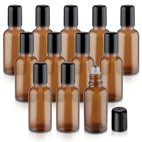 Mirrline 12 Pcs Essential Oil Roller Bottles Amber Glass Roller Bottles Refillable Cosmetic Vials Containers with Stainless Steel Roller Balls & Black Lid - 30ml/1oz