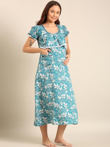 Image of Rupa Jon Aishwarya Women Full Length Maternity Night Dress in Cotton Blend Fabric, Maxi Nighty, Pregnancy Night Dress for Nursing, Pre and Post Pregnancy