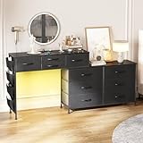REAHOME Dresser for Bedroom with Charging Station and LED Light, 67' Rotatable Vanity Desk with Side Pockets, Makeup Table with 10 Fabric Drawers, Modern Home Office Desks, Black Gray