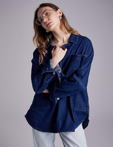 Women Denim Pullover Oversized Jean Shirt Top V Neck Long Sleeve Jacket Casual Jean Shacket with Pocket4