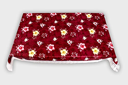 Image of The Furnishing Tree Waterproof PVC Rectangle Shaped 2 Seater Table Cover WxL 45x70 inches Floral Pattern Red with White Border lace