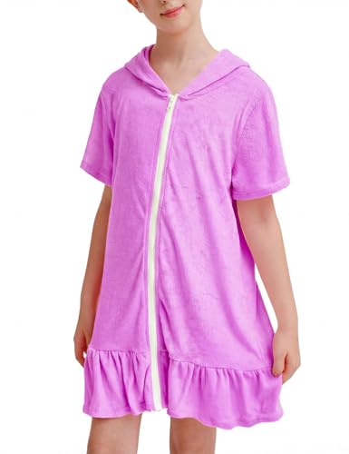 Image of Girls Swim Cover Up Multicolor Hooded Zip-Up Terry Swimsuit Ruffle Bathing Suit Kids Short Sleeve Swimwear
