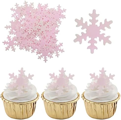 Gyufise 50Pcs Pink Edible Cupcake Cake Toppers Snowflake Cake Decorations for Christmas Winter Frozen Theme Party Supply Decoration