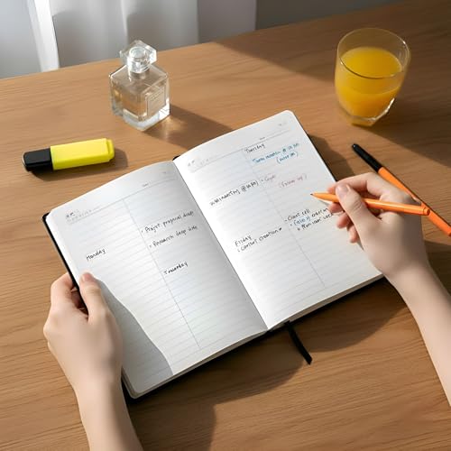 Image of A5 Notebook Diary Journal Planner - 180 GSM Thick Paper, 192 Ruled Pages with 12-Month Planner | Hardcover with Elastic Closure & Silk Bookmark | Classic Black for Office, School & Personal Use