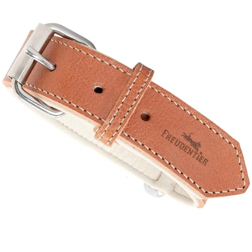 FREUDENTIER® Hundehalsband aus Leder, Made in EU, gefüttert & super komfortabel, hochwertiges breites Lederhalsband aus Vollnarbenleder, Model “Amstelpark” (42-52cm Halsumfang, Cognac)
