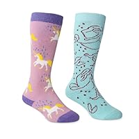 Kids Welly Socks, 2 Pairs, Unicorns Pink and Mermaids Blue Pattern Age 7-10