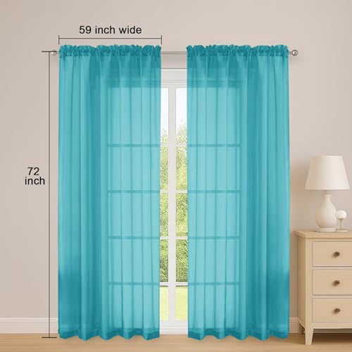 Image of OWENIE Turquoise Sheer Curtains 72 Inches Long 2 Panels Set, Transparent Voile Sheer Curtain for Living Room Bedroom Window Sliding Glass Door Treatment, 59 x 72 Inch, Turquoise