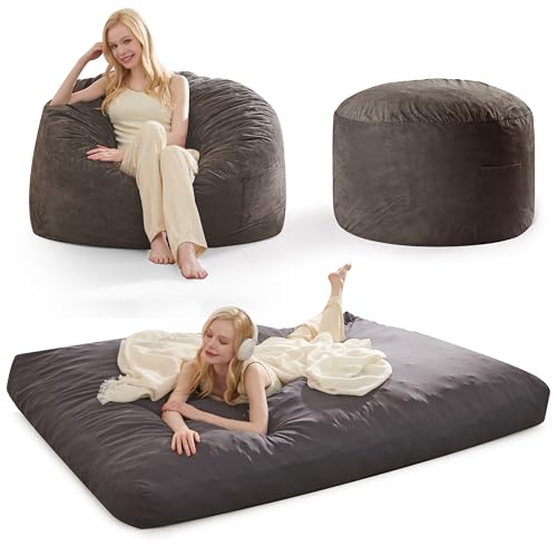 Giant Bean Bag Chair, Chair Sleeper for Adults with Removable Cover, Big Adult Bean Bag Chair with Filler Included, Soft Suede Fabric Beanbag Chair, Queen, Charcoal