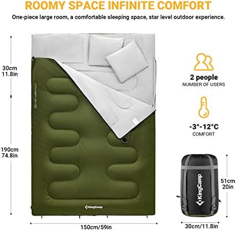 KingCamp Double Sleeping Bag Oxygen with 2 Pillows Queen Size & Extra-Large Rectangular Sleeping Bags for Adults 4 Seasons Waterproof Envelope Sleeping Bag for Camping Festivals Hiking Indoor Outdoor