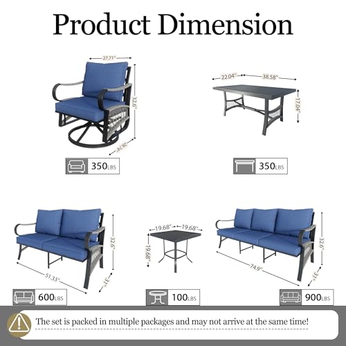 Image of 6 Pieces Patio Conversation Sets, All-Weather Metal Swivel Rocking Chairs with Rope Furniture Set, Outdoor Sofa Couch for Deck, Porch, Garden, Backyard, Poolside (Blue Cushions)