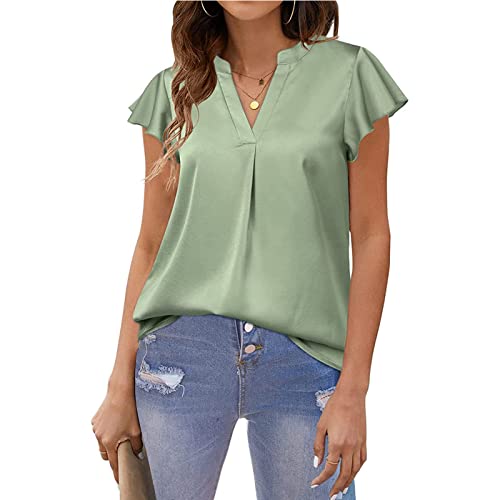 WINDEHAO Camisas casuales de satén para mujer, blusas de manga corta con volantes, elegantes camisetas de cuello en V, camisas de trabajo (verde frijol, XL)