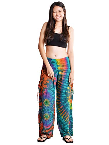 Calça feminina Orient Trail tingida a frio com perna larga Palazzo Yoga Tie Dye, Miami Teal, Medium