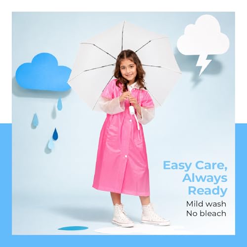 Image of Lifelong Kids Solid Textured PVC Raincoat| School Bag Extension & Side Pocket | Rain Coat| Raincoat for Boys & Girls | Kids Raincoat | Waterproof Rainwear with Carrying Pouch, 6-7 YRS (Pink & White)