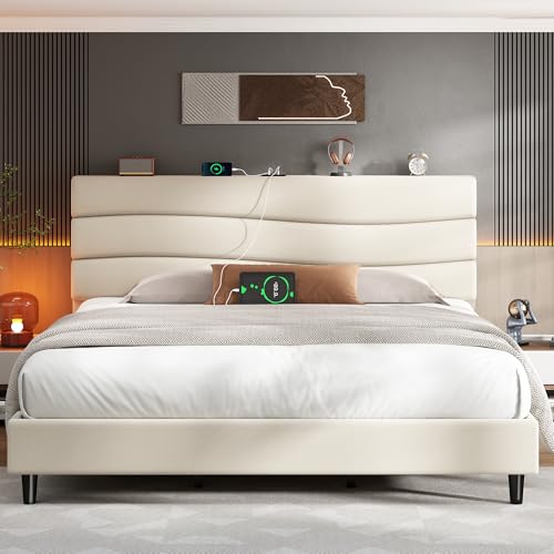 EnHomee King Size Bed Frame Fabric Upholstered Headboard,