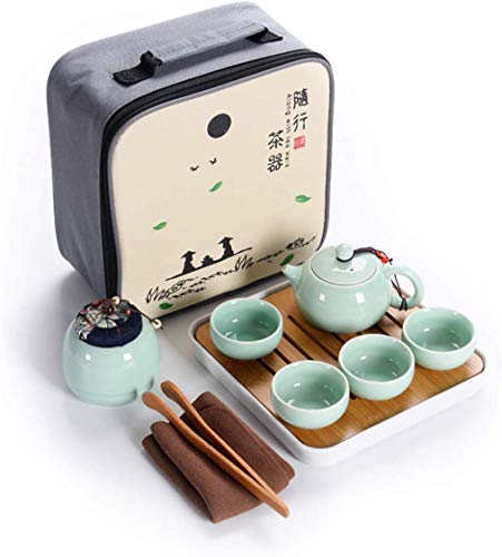 Hoobar Ceramic Kungfu Tea Set Travel Tea Set with Portable TeapotTeacupsTea CanisterTea Tray and Travel BagSuitable for TravelHomeOutdoor and Office Peak Green
