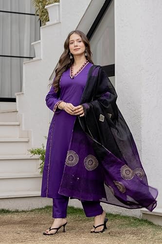 Image of MEERA FAB Women Floral Printed Pure Cotton Straight V-Neck Kurta with Palazzos & Dupatta