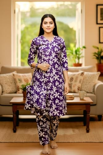 Image of Vlazom Women's 3-Piece Cotton Cord Set with Matching Bag | Floral Printed Co-Ord Set with Kurta Top & Pants | Ethnic Cotton Coord for Women