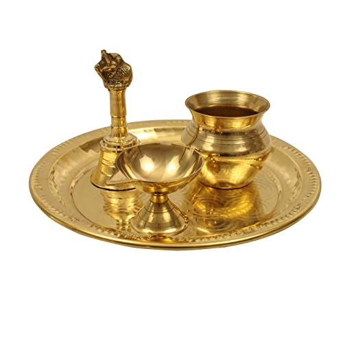 Traditional Handcrafted Brass Puja | Pooja Thali Set | Arati | Arathi | Arthi | Arti | Arathi | Bartan Thambulam Plate Set for Several Occasions- Ring Plate 7 inch Puja Set(Diya Bell Lota)