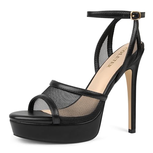 COLETER Women's Platform Mesh High Heels 5.1 Inch Open Toe Sandals Ankle Strap Party Dress Wedding Shoes Matte Black 7US
