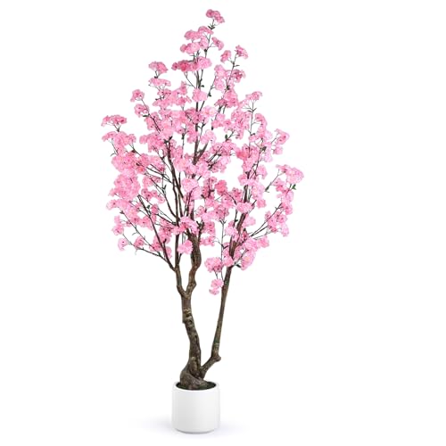 Artificial Cherry Blossom Tree 7FT Tall Artificial Tree with White Pot Pink Fake Sakura Flower Tree Faux Silk Plants for Home Living Room Wedding Garden Balcony Hotel Decoration