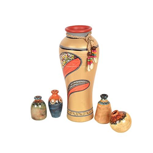 Image of Aakriti Art Creations Handcrafted Terracotta Decor Vase Set of 5 | Multicolor Floral Art Vases with Jute Detailing | Matte Finish Decorative Vases for Living Room, Table & Floor Decor