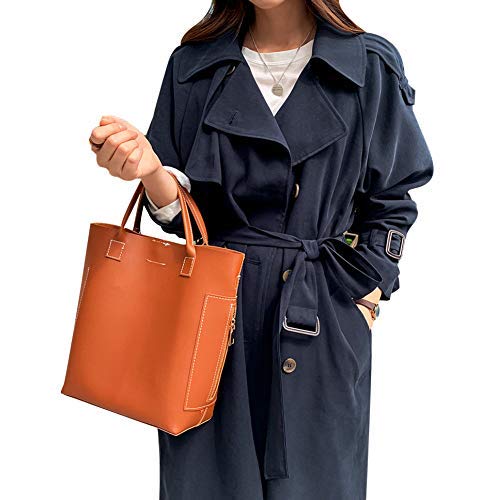 EVNYLOOK_S101165_コート レディース トレンチコート ポケット付き ゆったり 大きいサイズ レーヨン混ダブルロングトレンチコート ネイビー Free [並行輸入品]