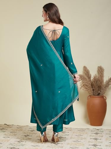 Image of MOKOSH Women's Silk Embroidery Anakrali Kurta Pant with Dupatta | Anarkali Kurta Set | Round Neck Full Sleeve Ethnic Suit | Floral Kurta 7 Colour Option Available | 3 Piece Outfit