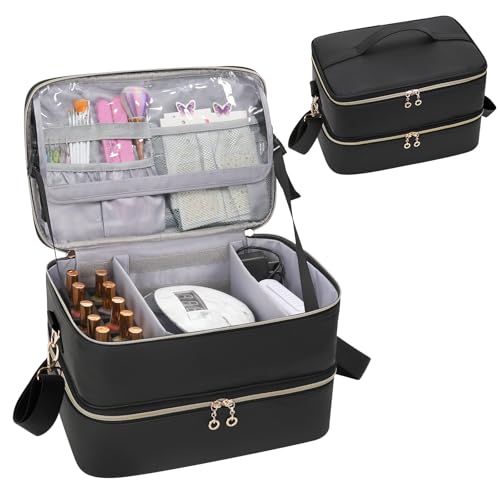 Ethereal Nail Polish Organizer Case, Leather Nail Polish Bag Holds 50+ Bottles (5ml/0.5fl.oz) and Nail Lamp, Nail Storage Organizer with Compartment, Leather Black
