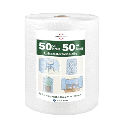 Luftpolsterfolie Rolle 50cm x 50m Bubble Wrap Noppenfolie verpackungsmaterial polsterfolie für Umzug und Versand geruchlos verpackungsfolie zum Verpacken von Möbeln Glas & Paketen