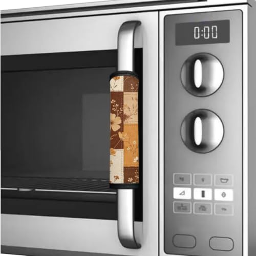 Image of Fridge Door Handle Covers Set of 6 Kitchen Appliance Decor Handles Glove Anti-Slip Protectors Washable Fabric Refrigerator Decor Accessories, Autumn Floral Patchwork Print Beige Brown