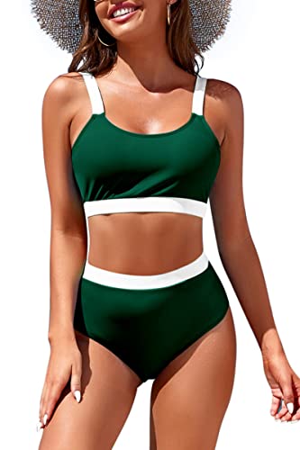 Image of Womens High Waisted Bikini Sets Sporty Crop Top Color Block Swimwear Bandeau Scoop Neck Vintage Two Piece Bathing Suits