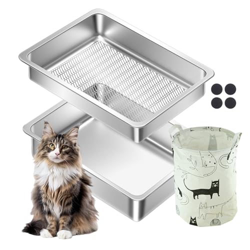 Stainless Steel Sifting Cat Litter Box for Clumping Litter, Large