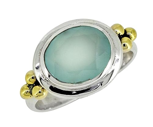 YoTreasure Aqua Chalcedony Labradorite Ring 925 Sterling Silver with Brass Accents