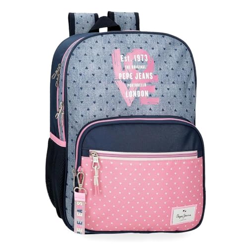 Pepe Joumma Bags - Zaino da scuola e in spallacci regolabili per un comodo trasporto vari scomparti con portachiavi pompon multicolore jeans rosa poliestere blu