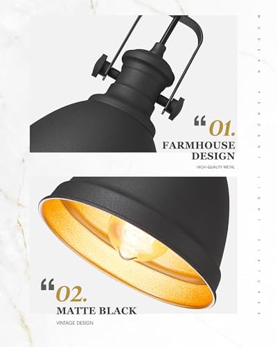 Image of 2-Pack Black Pendant Lights Kitchen Island, 8 inch Metal Shade | Industrial Hanging Light Fixture for Entryway Bar, Black and Gold Metal Shade, Adjustable Height, E26 Base, AD-2151-2PM-BK