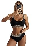 SheIn Damen Push Up Bikini Sets Hohe Taille Swimmwear Swimsuit Sets Sport Zweiteilig Bademode mit Kontrast Besatzt Reines Schwarz L