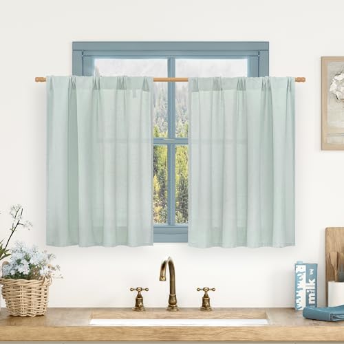 Image of LAMIT Light Blue Linen Curtains 30 Inch Length for Kitchen Window 2 Panels