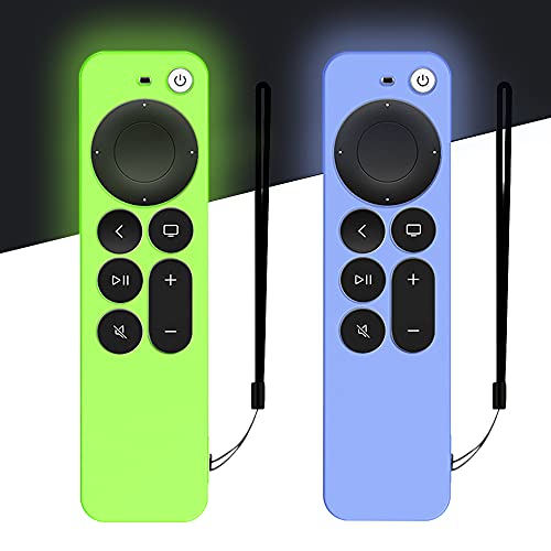 DAZUAN 2 PCS Funda de Silicona para Control Remoto Apple TV 4K 2021,Funda Protectora de Cuerpo Completo a Prueba de Golpes para Control Remoto Siri 6nd Gen con Cuerda Antipérdida(Glow Azul+Glow Verde)