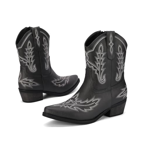 Image of Rhinestone Ankle Cowboy Boots for Women Embroidered Short Cowgirl Boots with Low Heel Side Zipper Comfortable Chunky Heel Western Booties for Prom Party Wedding Pull On Shoes