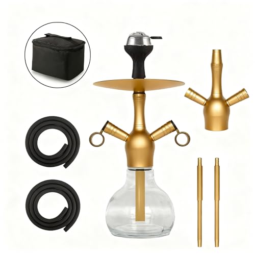 RMAN Mini Cachimba Completo 37CM Glass Hookah con Funda de Tela y 2 Manguera de Silicona, Diseño Portátil Shisha Set Premium para Uso Doméstico, Fiestas, Viaje, Oro