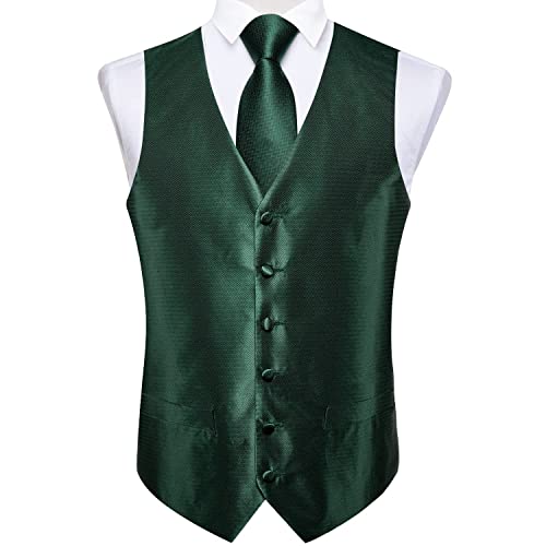 Dibangu Men's Solid Green Vest Tie Set Jacquard Necktie Pocket Square Tie Clip Brooch Waistcoat For Suit Or Tuxedo #TOP3