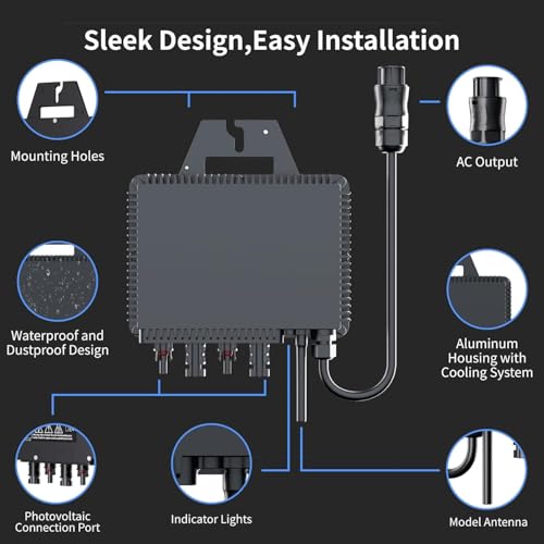 RC Mikro-Wechselrichter 800 W, 26-60V DC Eingang, Solar-Wechselrichter MPPT Mikro-Netzeinspeise-Konverter mit WiFi-Überwachung für Mobiltelefone, Schwarz (§12 Abs. 3: 0% (ohne Kabel))