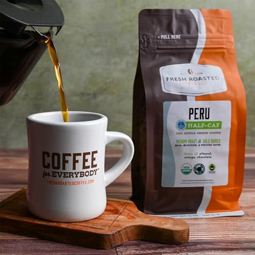Image of Fresh Roasted Coffee, Organic Peru Water-Processed Half-Caf Drip Ground Coffee, Medium Roast, USDA Organic, 3rd Party Tested for Mold, Mycotoxin & Pesticides, Kosher, 12 oz