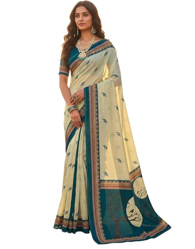 Image of SIRIL Women's Printed Cotton Linen One Minute Ready to Wear Saree With Unstitched Blouse Piece
