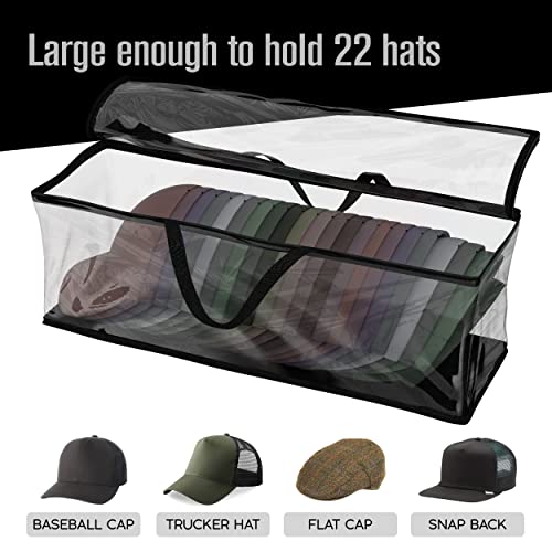Houseables Baseball Cap Storage Bag, Hat Organizer Case, 23" X 6" X 8", Clear Plastic, Caps Holder, Moisture & Dust Proof, Black Handles, Box W/ Zipper Closure, Stores & Racks 22 Hats, Dirt Protection #TOP2