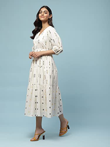 Image of Aarke Ritu Kumar Off White Yarn Dyed Tiered Long Dress