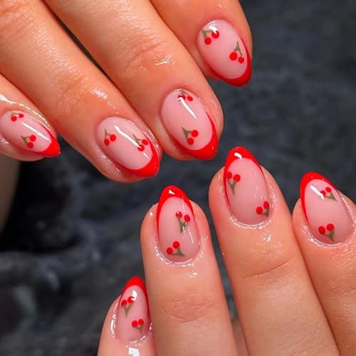 IMSOHOT Press on Nails Oval - Short Red Cherry Fake Nails with Glue for Women, Red French Nail Tips, Soft Gel Glue on False Nails, Round Acrylic Nail Decorations