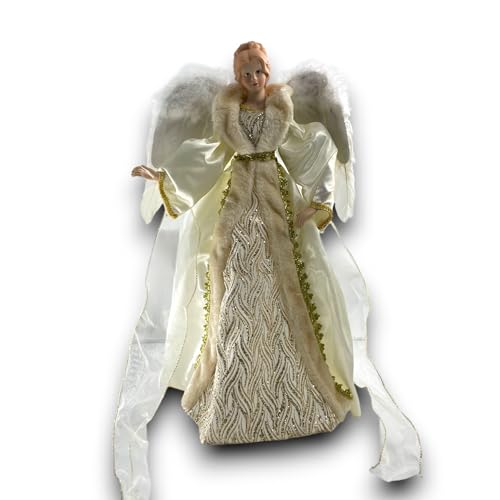 Puntale Statuina Angelo Natalizio Decorativo da 65 cm Abito Bianco e Dettagli Oro - Angelo Gloria per Decorazioni Natalizie - Statua per Albero di Natale, Tavolo e Camino - Elegante e Festivo