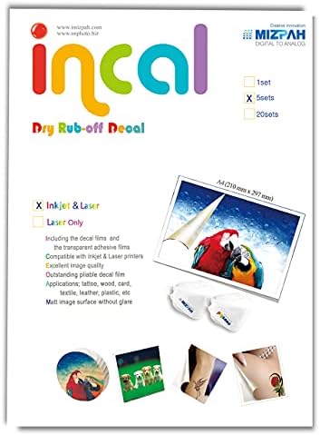 [Incal] Dry Rub-off Decal Film for Inkjet Printer : 5 Sets, A4(8.27 inch x11.7 inch) - Premium Printable Dry Rub on Transfer; DIY Hobby craft, Customized transfer
